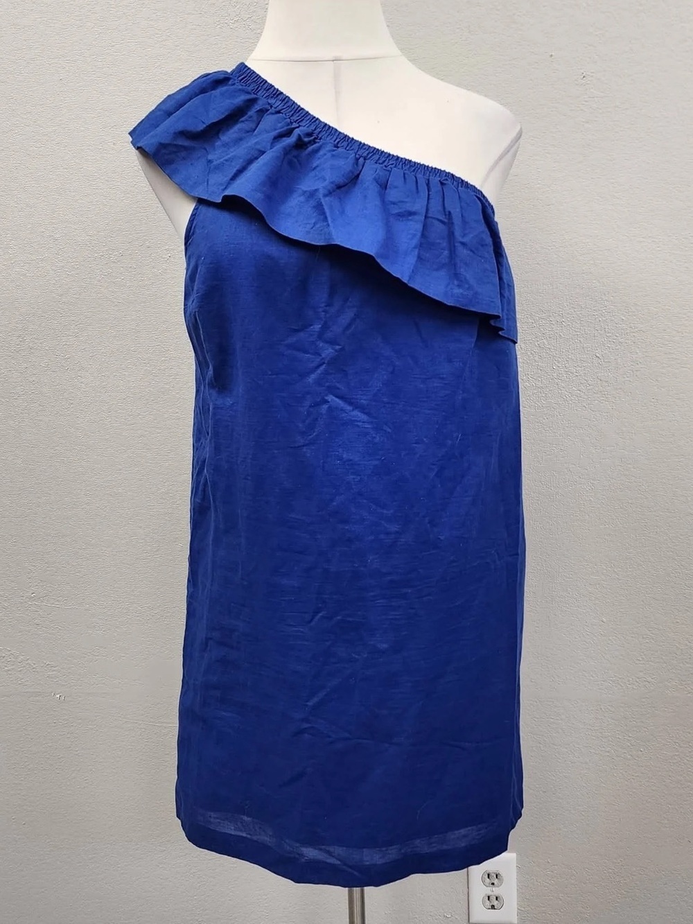 J. Crew Royal Blue Ruffled One-Shoulder Linen Blend Shift Dress - Size XL